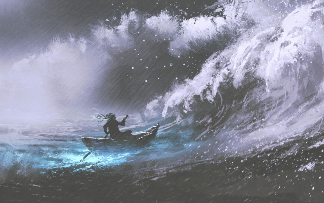 man rowing a magic boat in stormy sea with rogue waves, digital art style, illustration painting
